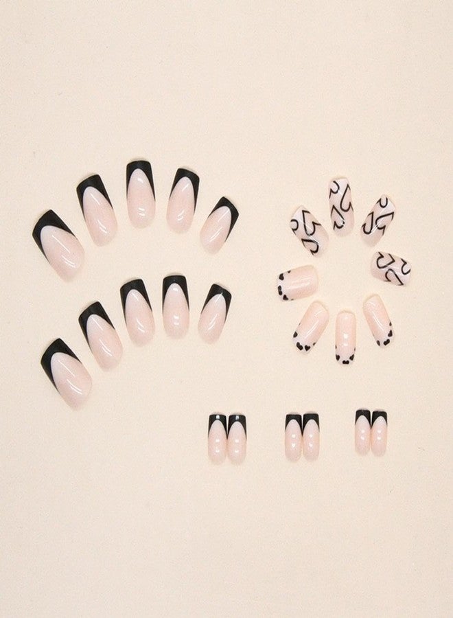 Maigitur French Tip Press on Nails Short Square Fake Nails Black Acrylic Nails with White Heart Design Stick on Nails Artificial Full Cover Glossy Glue on Nails for Women Girls Valentine's Day Manicure 24pcs… - Image 4